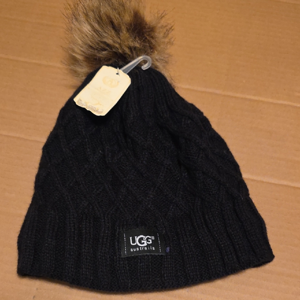 UGG Black Cable Knit Beanie with Brown Pom